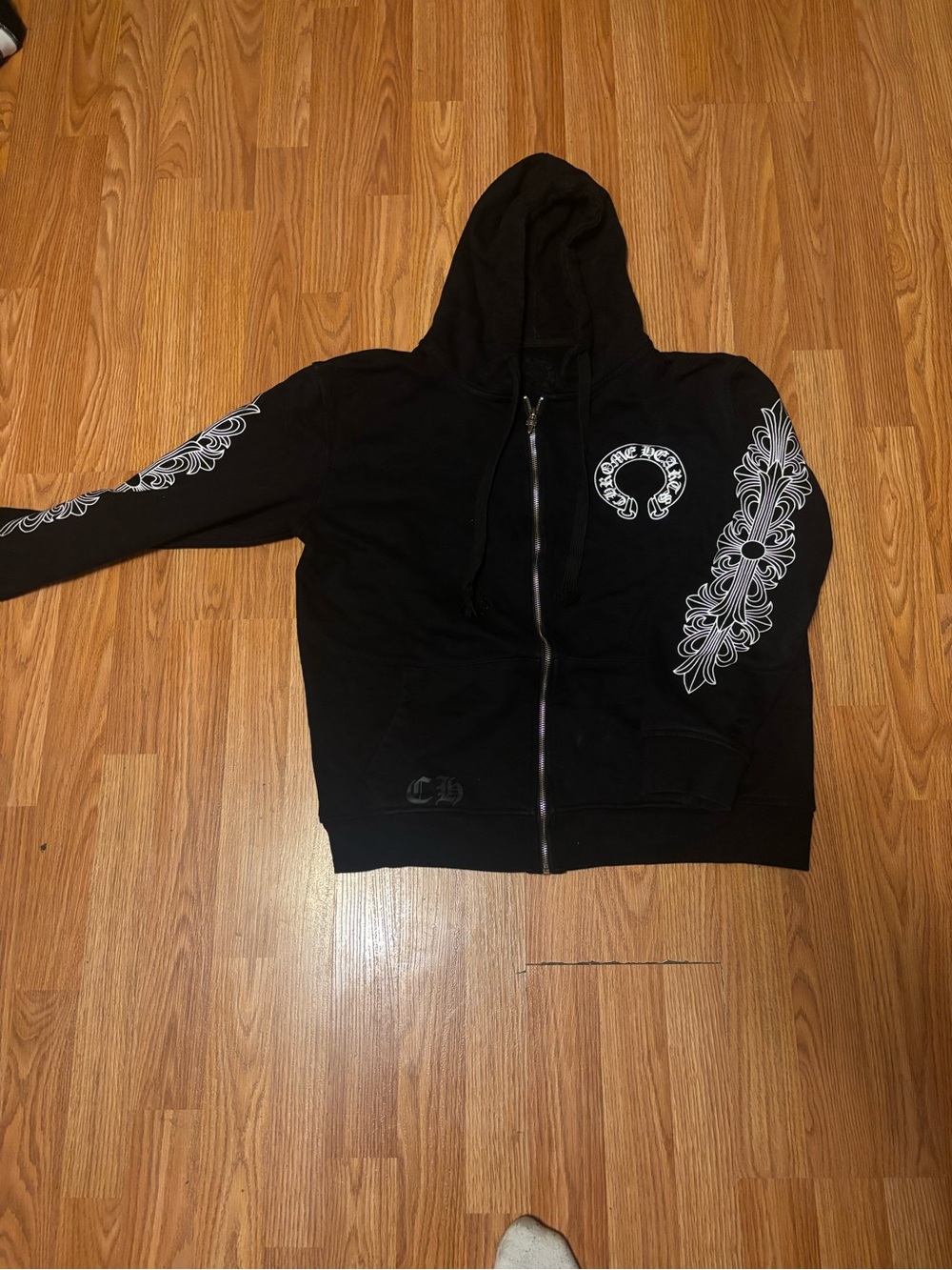 Chrome Hearts Black Zip-Up Hoodie Jacket with White Sleeve Graphics